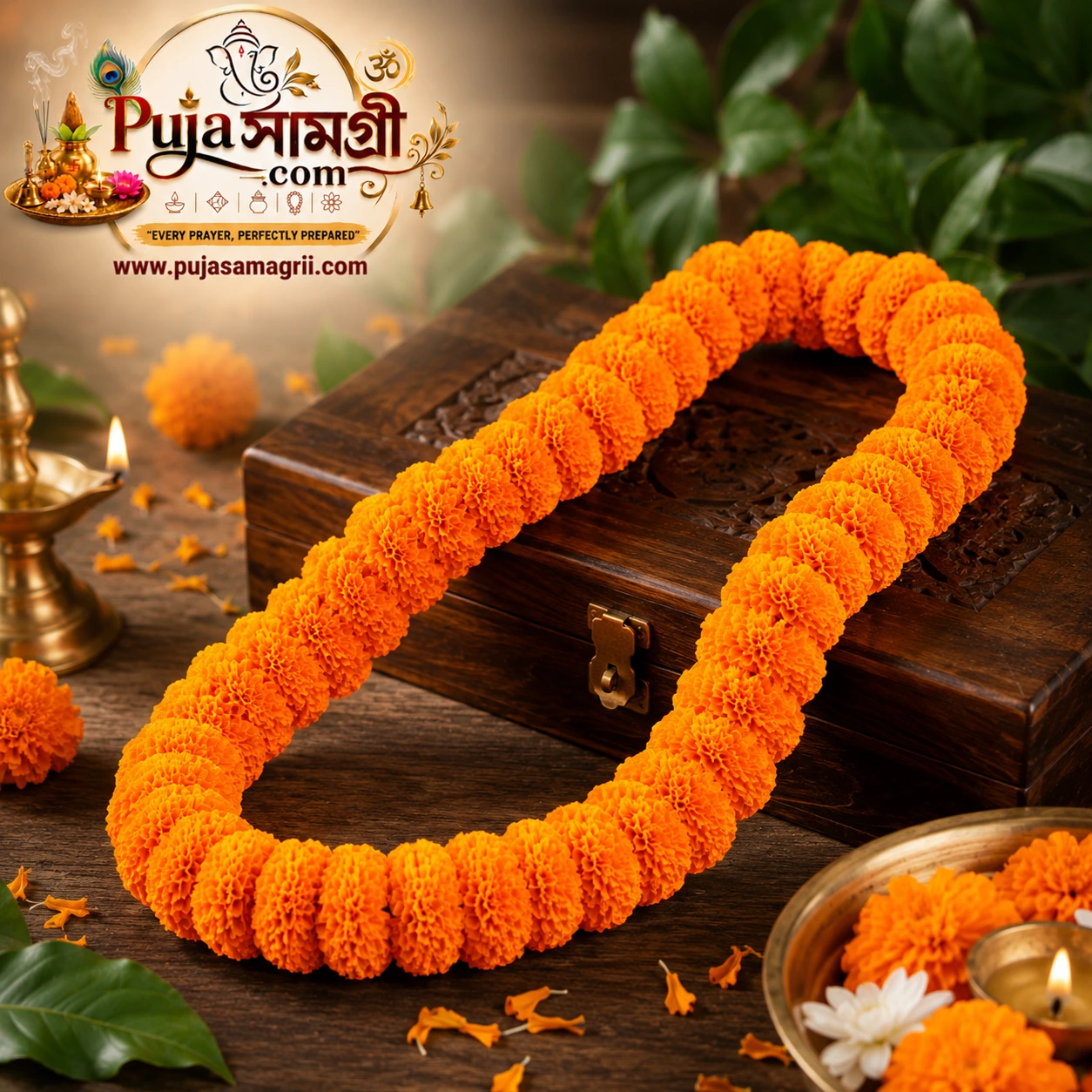 Marigold Orange Garland (Genda Mala) Online | Fresh Puja Mala
